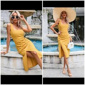 Mustard yellow brunch slit strap dress